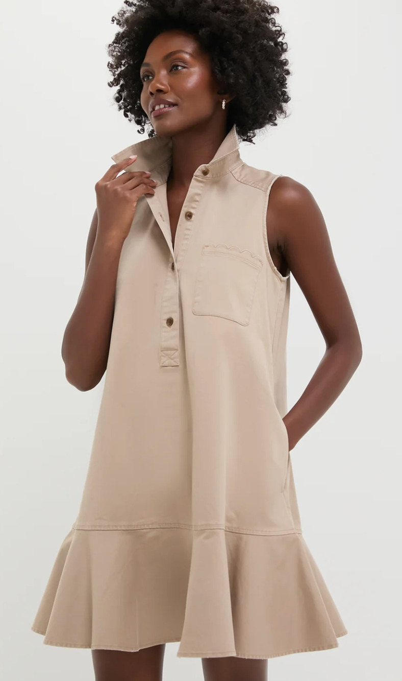Tuckernuck NWT Callahan Dress M Khaki Sleeveless Ruffle Hem Cotton Preppy Mini